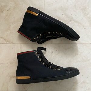 $985 Gucci Made in Italy GG Monogram Black Leather Canvas High Top Sneakers 5.5